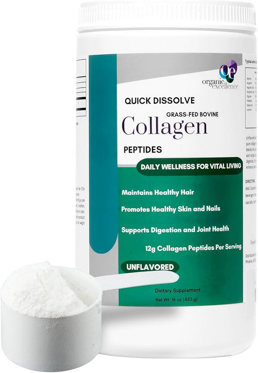 Organic Excellence Collagen Peptides, Grass-Fed Bovine Unflavored Collagen Powder Type I & III Hydrolyzed Collagen, Support Skin, Joints, Gut, Hair, Nails, Non-GMO, 12g Protein/Serving, 16 oz (453g)