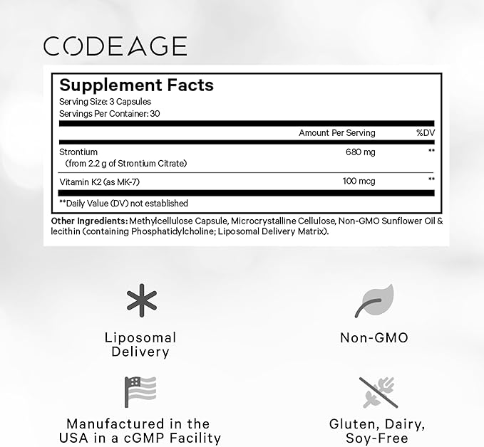 Codeage Liposomal Strontium Supplement - Strontium Citrate, Vitamin K2 MK-7, Liposomal Delivery, Non-GMO, Gluten-Free - 90 Capsules