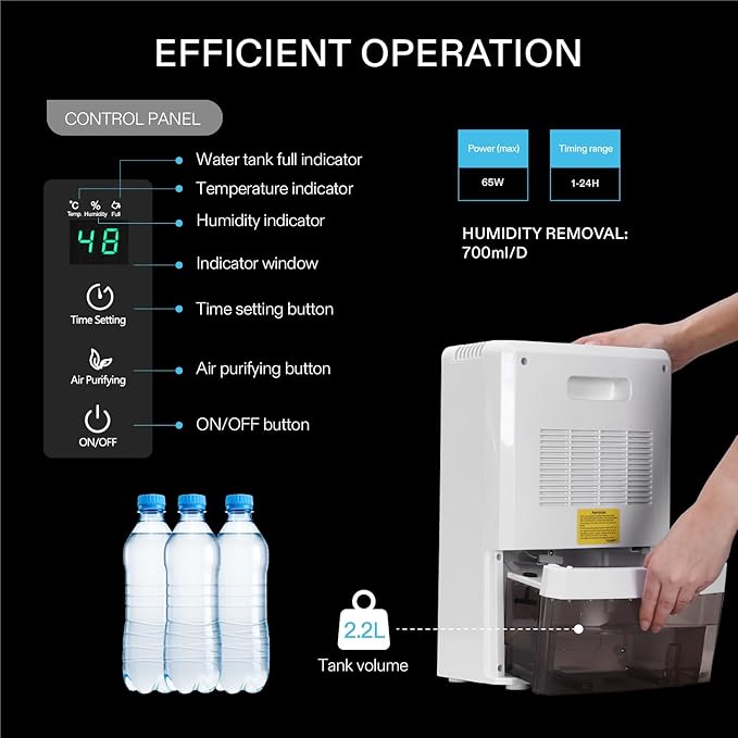 VIVOSUN Electric Mini Dehumidifier, Ultra-Quiet Auto Defrost Dehumidifier with Timer, 2200ML Water Tank and Drain Hose for Basement or Closets, Bedrooms, Showers, and Other Small Rooms