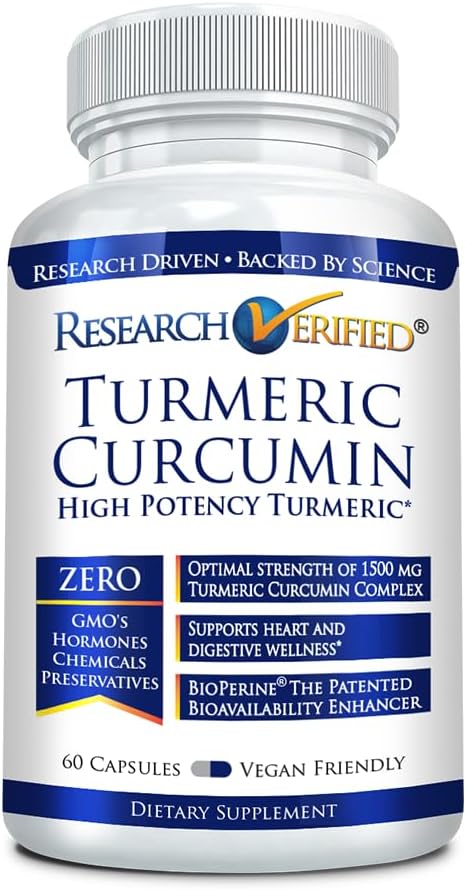 Research Verified Turmeric Curcumin - Lift Mood, Boost Antioxidant Levels, Protect Immune System - BioPerine - 60 Capsules - Made in The USA