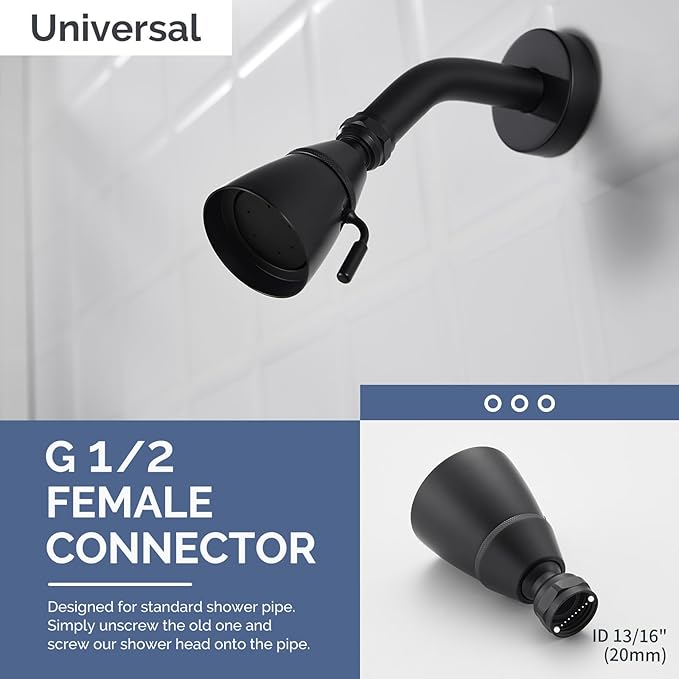 Angle Simple Shower Head, Brass High Flow Shower Spray Head, Adjustable Angle and Water Flow, G 1/2, Matte Black