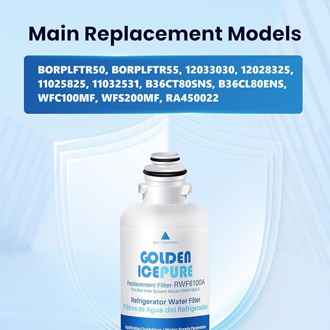 GOLDEN ICEPURE BORPLFTR50 Replacement for Bosch Ultra Clarity Pro, 12033030, 11025825, 11032531, WFC100MF, BORPLFTR55, B36CT80SNS, B36CL80ENS, RWF6100 Refrigerator Water Filter Replacement 4PACK