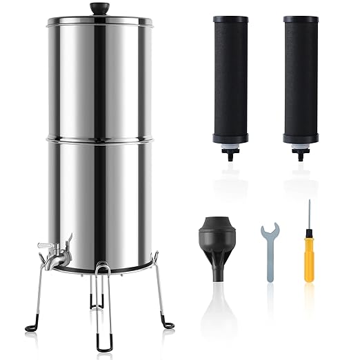 304 Stainless Steel Water Filter with Stand, Gravity Fed Water Filtration System, 2.25 Gallon Capacity with 2 Black Carbon Cartridges, Countertop Purifier for Home, Camping, Emergency Use