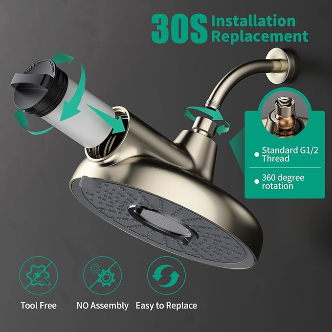 F8 Filtered Shower Head 8 Inch High Pressure 3 Rainfall Spray Modes Shower Head Filter for Hard Water, 99% Remove Chlorine, Harmful Substance, Easily Replace Cartridge, Brushed Nickel