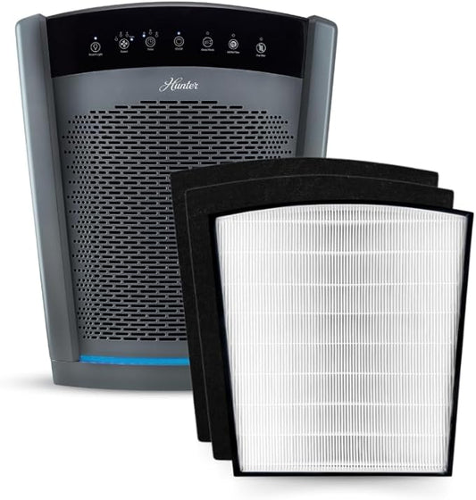 Hunter HP800 Air Purifiers for Home Large Room and Bedroom. True HEPA Air Purifier for Pets, Odors, Allergens, Smoke, Dust, VOC's. Value Bundle w/Extra Filter. Cleans 2585 Ft² per hour. Graphite