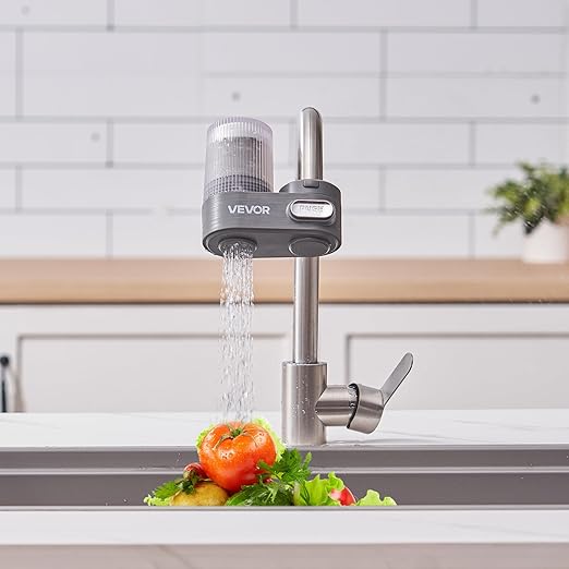 VEVOR Faucet Mount Water Filter, Vertical Water Purifier for Sink Tap, NSF Certified Carbon Fiber Filter, Removes Chlorine Lead with 3 Filters, Fits Most Kitchen or Bathroom Faucets, Gray