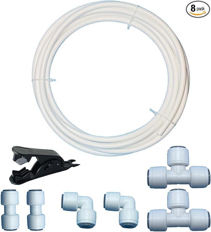 8-Piece 5/16 inch RO Water Line Kit with Tubing Cutter - 20ft 5/16" PE Tube + Push Connect Fittings (Straight/Elbow/Tee) for Refrigerator Ice Maker & Reverse Osmosis System Installation