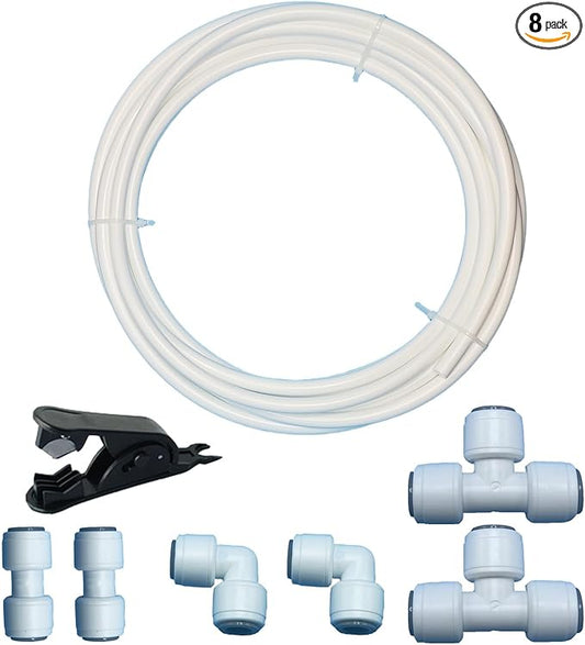 8-Piece 5/16 inch RO Water Line Kit with Tubing Cutter - 20ft 5/16" PE Tube + Push Connect Fittings (Straight/Elbow/Tee) for Refrigerator Ice Maker & Reverse Osmosis System Installation