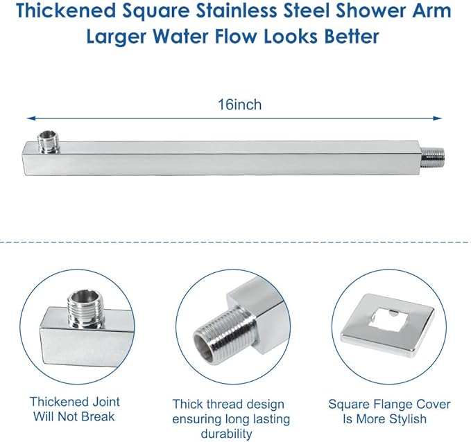 HarJue Shower Head with Extension Arm, High Pressure Square with ShowerArm, Stainless Steel Rainfall -Waterfall Full Body Coverage (12'' Shower with 16'' Arm, Chrome)