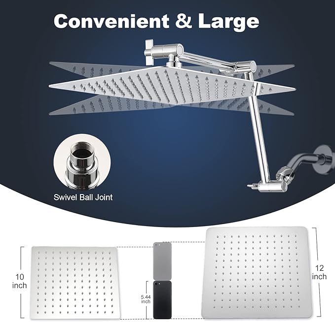 PDPBath All Metal 12" Rainfall Shower Head with 16" Upgrade Flexible Extension Arm, Shower Head with Handheld Combo,70" Extra Long Shower Hose, 3-Way Diverter, Chrome