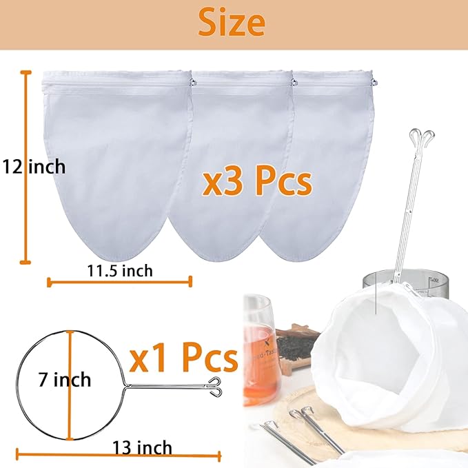 3 PCS Fine Mesh Strainer Bags with Handle, Reusable Nut Milk Bag Thai Tea Strainer, Cheesecloth for Straining NutMilk Coffee Milk Juices Honey Wine Oil