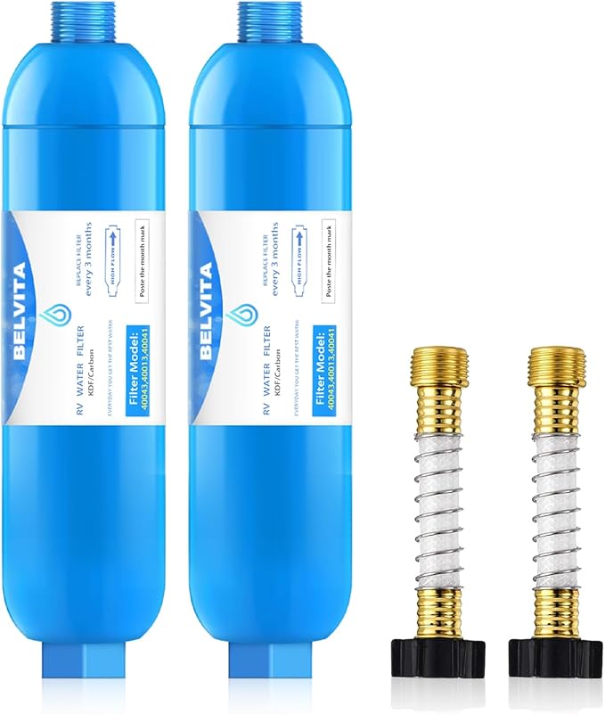 RV inline water filter with Flexible Hose Protector,Dedicated for RVs and Marines,2 pack Drinking,Washing filter,Reduces Lead,Fluoride,Chlorine,Bad Tast,Odor