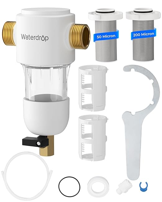 Waterdrop Spin Down Sediment Filter, 50/200 Micron Reusable Whole House Water Filter Sediment System, Flushable Pre-Filter System for City/Well Water,1" MNPT + 3/4" FNPT
