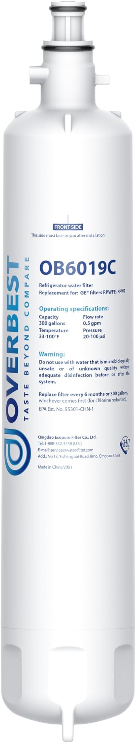 Overbest Replacement for GE® RPWFE, RPWF (Built-in CHIP) Refrigerator Water Filter,Compatible with GFE28GYNFS, GFE28GELDS, 1 Filter