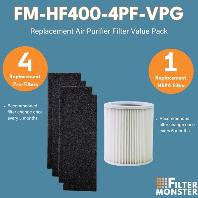 Filter-Monster - H-HF400-VP Replacement HEPA/Pre-Filter Value Pack for Hunter HP400 Air Purifier Series - 4 Pre-Filters and 1 True HEPA Filter