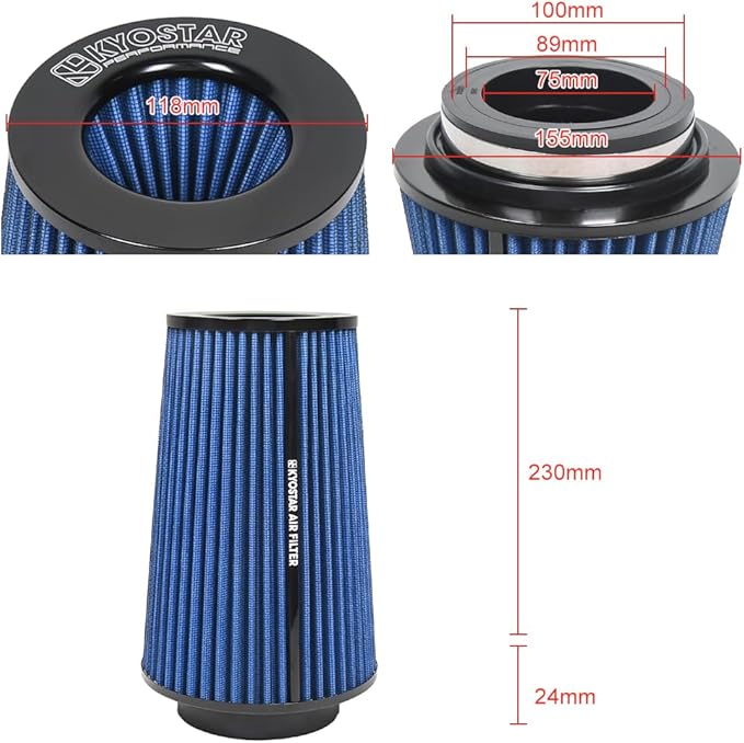 3/3.5/4inch Inlet Cold Air Intake Cone Replacement Performance Washable High Flow Dry Air Filter (BLUE)