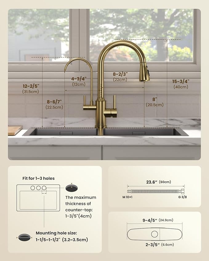 APPASO Kitchen Faucet with Water Filter, 2 Handle 3 Way Gold Kitchen Sink Faucet, High Arch 3 Hole Kitchen Faucet with Pull Down Sprayer - 3 in 1 Faucet (Without Water Filtration Device)