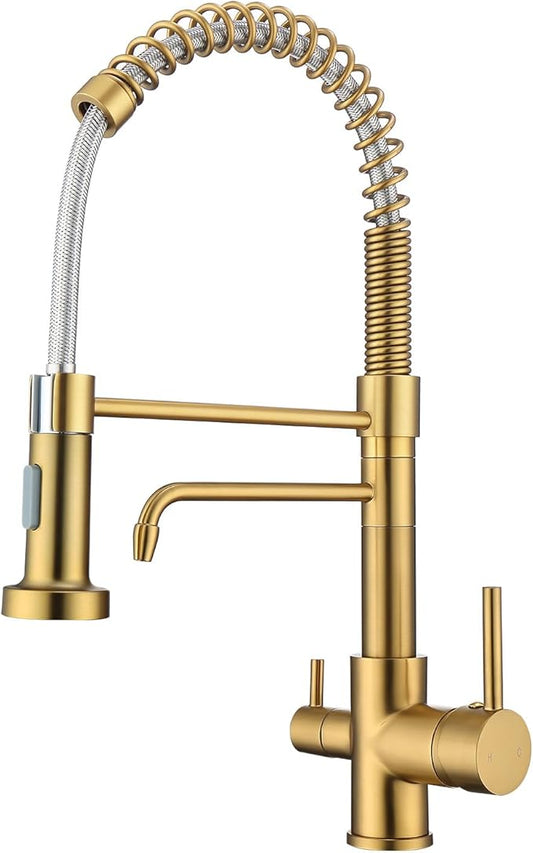 3 Way Kitchen Faucet, Drinking Water Faucet, Filter Kitchen Faucet for Water Filtration System, 3 in 1 Commercial Style Pull-Down 2 Handles, Brushed Gold
