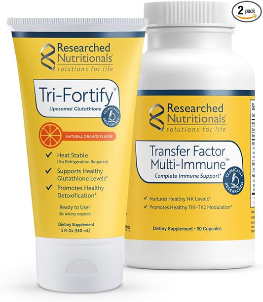 Researched Nutritionals Liposomal Glutathione (450mg) + Colostrum & Mushrooms Supplement for Immune Support - Enhanced Immunity Duo - Tri-Fortify Orange + Transfer Factor Multi-Immune (2 Piece Set)
