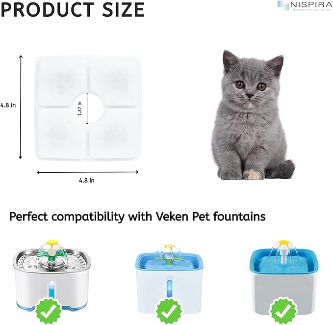 NISPIRA Triple Filtration Charcoal Water Filter Replacements for Veken 84oz/2.5L Pet Cat Dog Water Fountain, 6 Pack