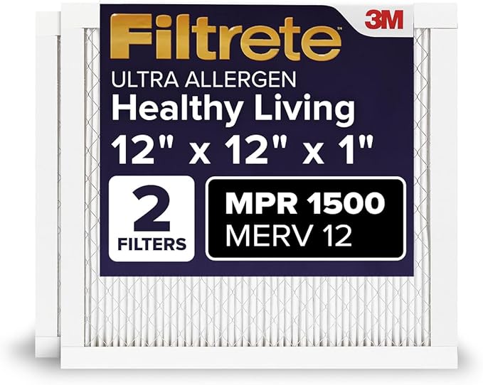 Filtrete 12x12x1 AC Furnace Air Filter, MERV 12, MPR 1500, CERTIFIED asthma & allergy friendly, 3 Month Pleated 1-Inch Electrostatic Air Cleaning Filter, 2-Pack (Actual Size 11.81x11.81x0.78 in)