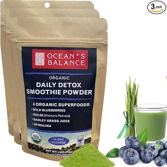 Ocean's Balance Daily Cleanse Smoothie Powder – Organic Blend with Blueberry, Spirulina, Dulse Seaweed & Barley Grass – Nutrient-Rich Superfood Smoothie Mix (4 oz - 3 Pack)