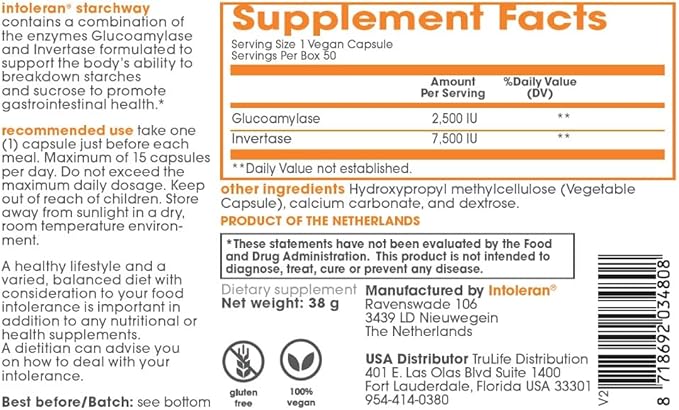 Starchway Digestive Enzymes - 150 capsules | Supplement for Starch & Sucrose Intolerance | Helps Digest Sugars & Starchy Foods | Invertase & Gluco-Amylase Enzymes | Pure & Vegan | Low FODMAP