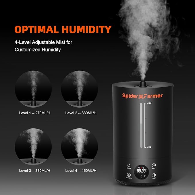 Spider Farmer 3-in-1 6L Humidifier Indoor with Timer & Hose Cool Mist Ultrasonic Humidifiers Large Room with Temperature & Humidity Probe for Plant Mushroom Greenhouse Bedroom Grow Tent Top Fill Black