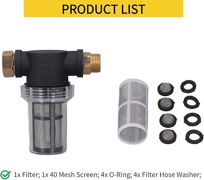 Garden Hose Filter for Pressure Washer Inlet Water, Sediment Filter Attachment,100 Mesh Screen,with 1Extra 100 Mesh, 4PCS O-Ring and 4PCS Filter Hose Washer