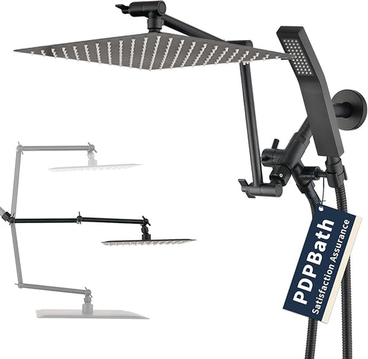 PDPBath All Metal 12" Rainfall Shower Head with 16" Upgrade Flexible Extension Arm, Shower Head with Handheld Combo,70" Extra Long Shower Hose, 3-Way Diverter,Matte Black