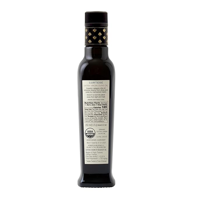 Entimio Cortese +700 mg/kg Polyphenol Rich Organic Extra Virgin Olive Oil, New 2024-2025 Early Harvest Italian Olive Oil from Tuscany, Italy, 2025 Gold Winner, Cold Extracted, Lab Tested - 8.5 fl oz