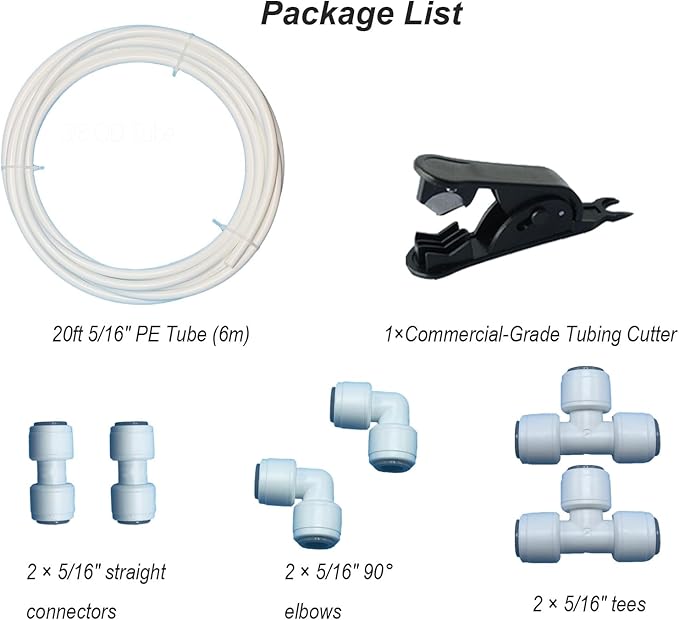 8-Piece 5/16 inch RO Water Line Kit with Tubing Cutter - 20ft 5/16" PE Tube + Push Connect Fittings (Straight/Elbow/Tee) for Refrigerator Ice Maker & Reverse Osmosis System Installation