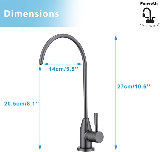 Drinking Water Faucet, Gunmetal Grey Faucet Stainless Steel for Under Sink Water Filter System Reverse Osmosis Non-Air Gap for Kitchen