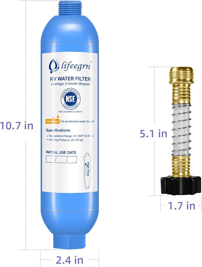 lifeegrn RV Water Filter with Hose Protector, Inline Water Filter, Reduces Bad Taste, Odors, Chlorine and Sediment in Drinking Water, Blue(2 Packs)