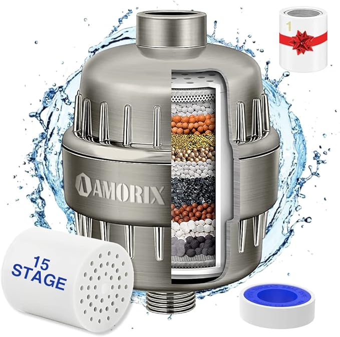 15 Stage Shower Head Filter for Hard Water - High Output Shower Water Softener with 2 Replaceable Filter Cartridges - Reduces Chlorine, Dry Skin & Itchy Scalp
