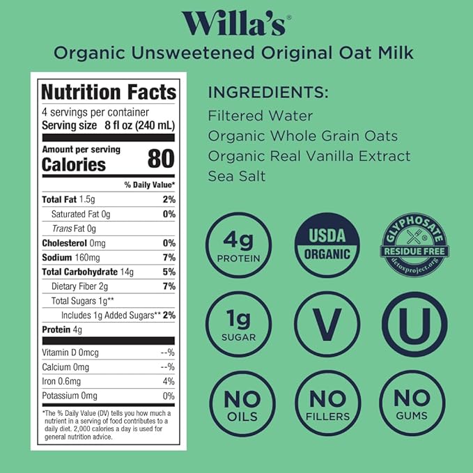 Willa's Organic Oat Milk - Unsweetened Original Oatmilk, Non-GMO, Shelf Stable, Low Sugar, Non-Dairy Milk, Made from Whole Grain Oats, No Oil, No Gums, 32 Oz - Pack of 1