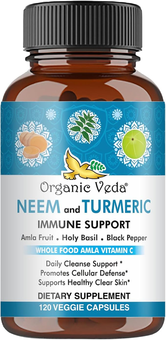 Organic Veda Neem & Turmeric Capsules with Amla Fruit, Tulsi, Holy Basil, Black Pepper Extract - Immune Support Dietary Supplement - Boosts Healthy Clear Skin & Cellular Defense - 120 Vegan Capsules