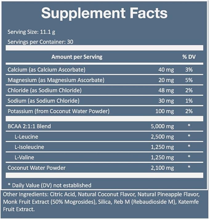 Rookie Wellness Recovery BCAA - Electrolyte and BCAA Powder with 5 g of Branched Chain Amino Acids for Muscle Recovery, Electrolytes for Hydration, & Only 10 Calories (30 Servings, Coconut Pineapple)