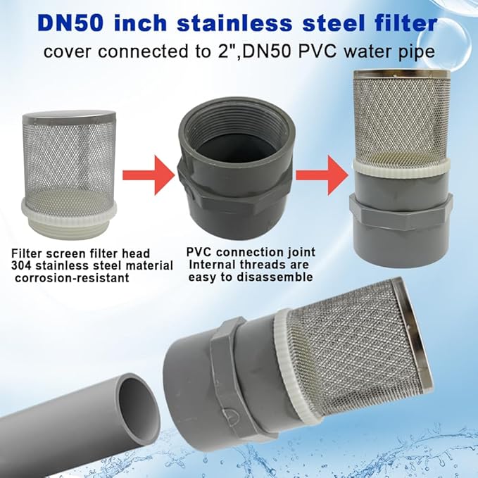2" Stainless Steel Filter Cover Connected to 2 inch/DN50 Grey PVC Filter Water Pipe, Suction Strainers Used to Remove Debris and Reduce Solid Entry（1pcs）