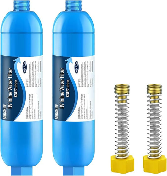 RV Inline Water Filter with Flexible Hose Protector, Certified by NSF to Reduce Bad Taste, Odors, Rust, Chlorine, Lead, Fluoride and More Sediment in Drinking Water (2 Packs)