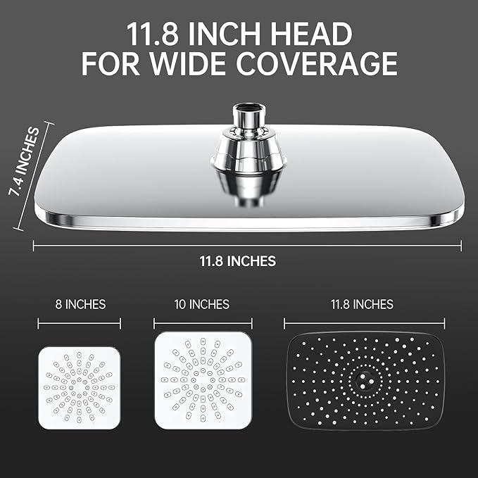 Veken 11.8 Inch Rectangle Rain Shower Head - Shower Heads with 6 Modes Handheld Spray Combo - Wide Rainfall shower with 70" Hose - 1.8gpm Dual Showerhead with Anti-Clog Nozzles - Chrome