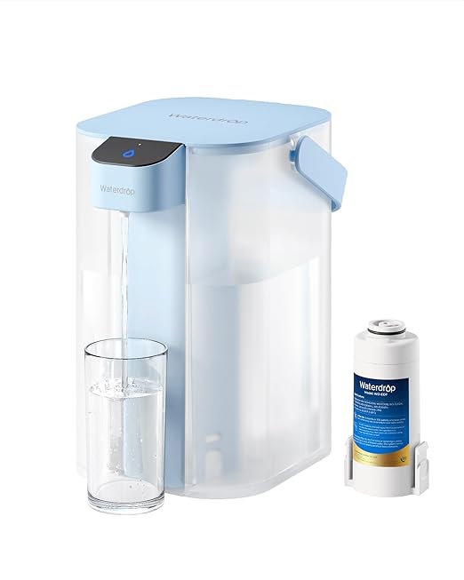 Waterdrop Electric Water Filter Pitcher, Reduce 99.6% of Lead and 45+ Impurities, 200-Gallon Rechargeable Water Dispenser, Instant 15-Cup Countertop System, NSF/ANSI 401&53&42&372, Light Blue