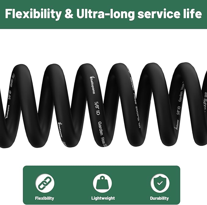 Garden Hose 75 ft x 5/8 in Heavy Duty Water Hose, Flexible and Durable, Lightweight Rubber Hybrid Hose, Leak-Free Connections, Male to Female Fittings, BT75B, Black