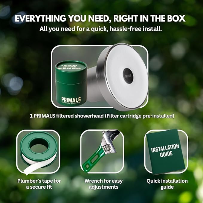 PRIMALS Filtered Shower Head - Removes Chlorine, Fluoride, Heavy Metals & Other Harmful Substances - Reduces Hairloss, Dry Itchy Skin, Eczema & Dandruff - Luxurious Water Pressure - Brushed Nickel