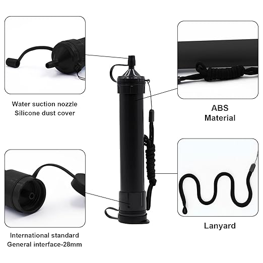 Water Filter Camping, Personal Backpacking Water Filter Straw Portable for Hiking Travels (Black)