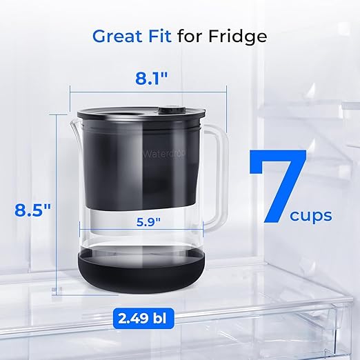 Waterdrop Glass Water Filter Pitcher with 1 Filter, Eco-Friendly, with NSF 53&42&372 Certified Filter, 7-Cup, Reduces PFOA/PFOS, Chlorine, Cadmium, Copper, Mercury, BPA Free, Easy to Clean, Black
