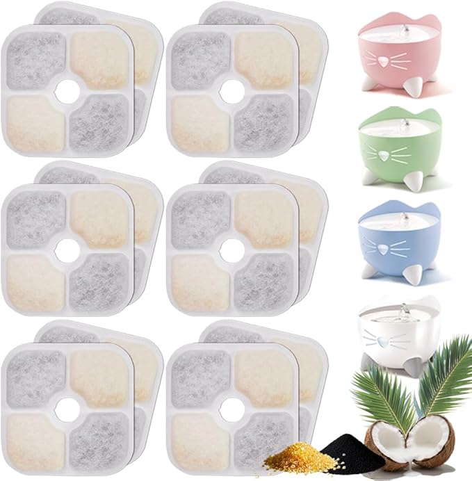 12-Pack Cat Fountain Filter Replacement Compatible with Catit PIXI Water Fountain 85oz/2.5L, Cat Water Fountain Filter Replacement Triple Action Water Filters