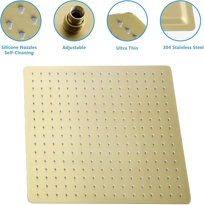Lordear Gold Rain Shower Head 16 Inch Square Rainfall High Pressure Stainless Steel Rainfall Shower Head 360° Rotation Shower Head Waterfall Showerhead with Silicone Nozzle