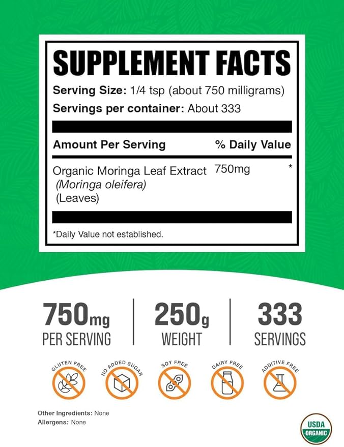 BulkSupplements.com Organic Moringa Extract Powder - Superfood Supplement, from Moringa Oleifera - Vegan & Gluten Free, 750mg per Serving, 250g (8.8 oz) (Pack of 1)