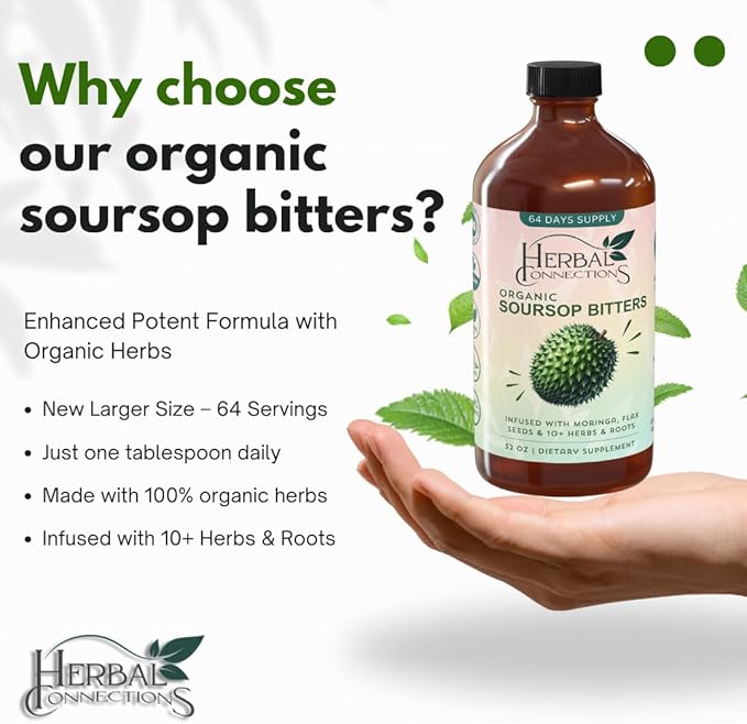 Soursop Bitters Liquid 32 Ounces - 64 Servings - 20 Herb Formula with Soursop, Moringa, Sea Moss, Turmeric, Ginger & Cayenne | Gut Health, Natural Cleanse & Daily Wellness | Vegan & Organic